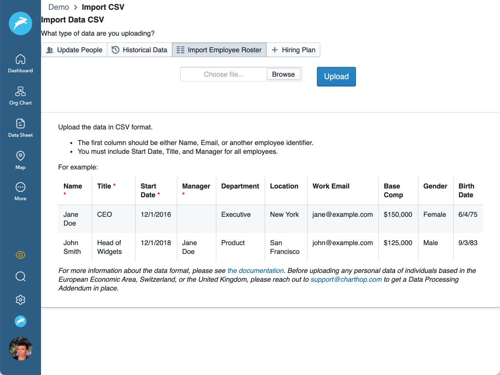 Screenshot - the old Upload CSV UI