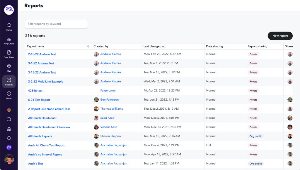 Screenshot - the old Reports list UI